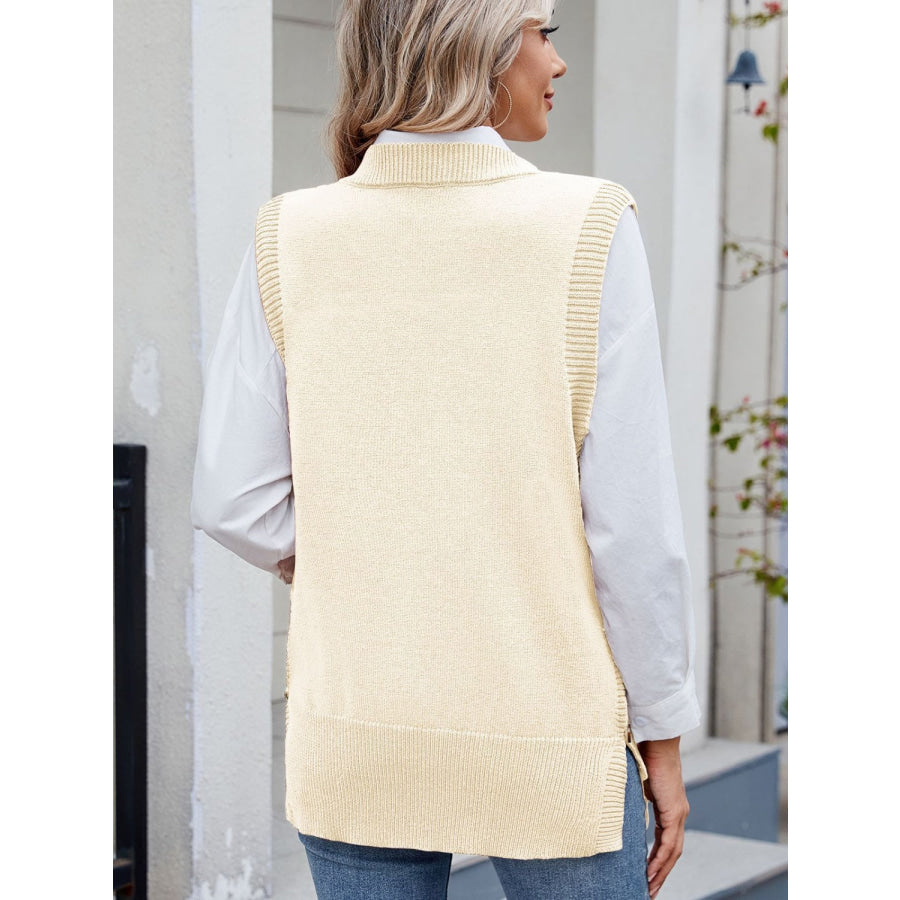 Buttoned Round Neck Sweater Vest Apparel and Accessories