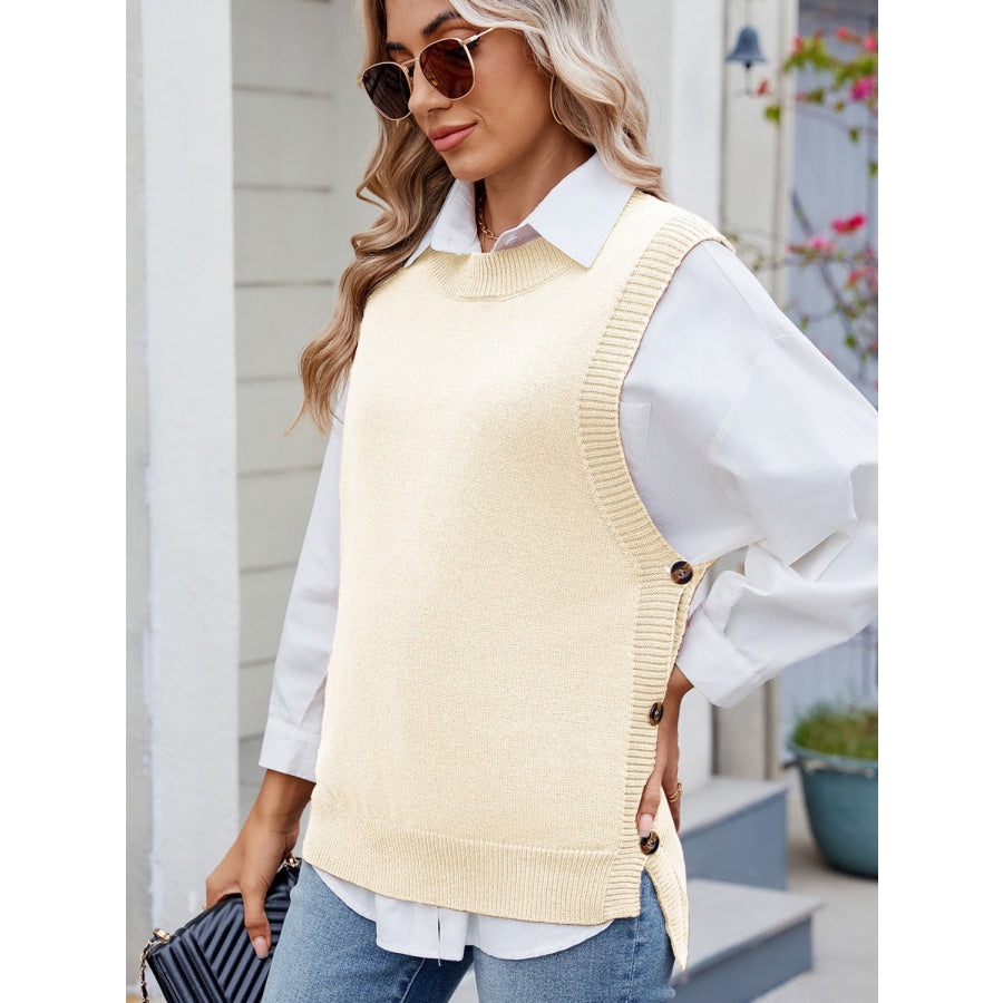 Buttoned Round Neck Sweater Vest Apparel and Accessories