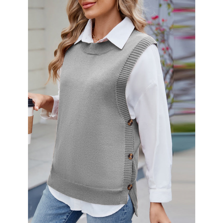 Buttoned Round Neck Sweater Vest Apparel and Accessories