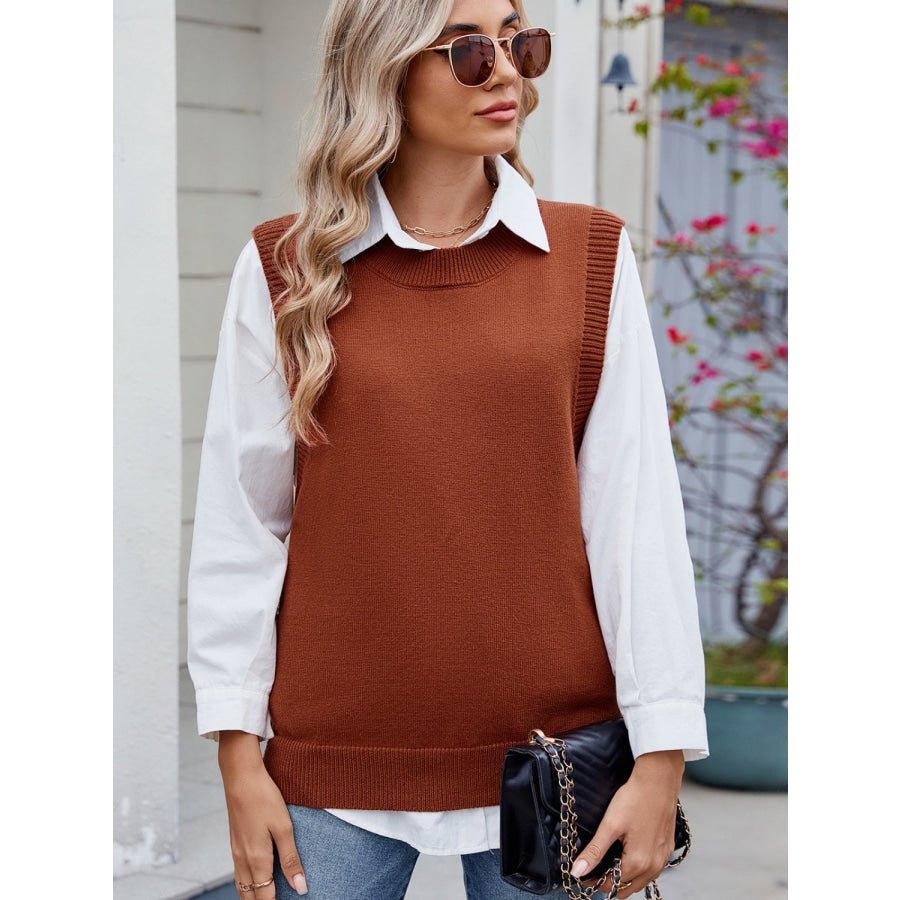 Buttoned Round Neck Sweater Vest Apparel and Accessories