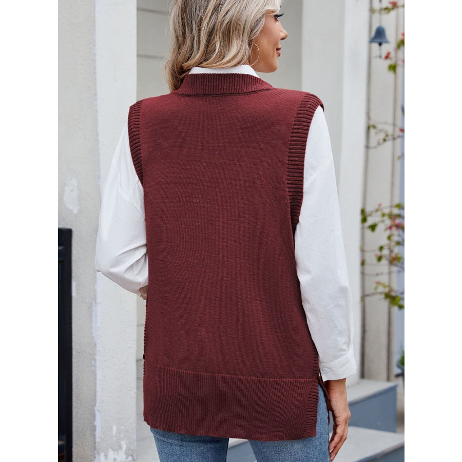 Buttoned Round Neck Sweater Vest Apparel and Accessories