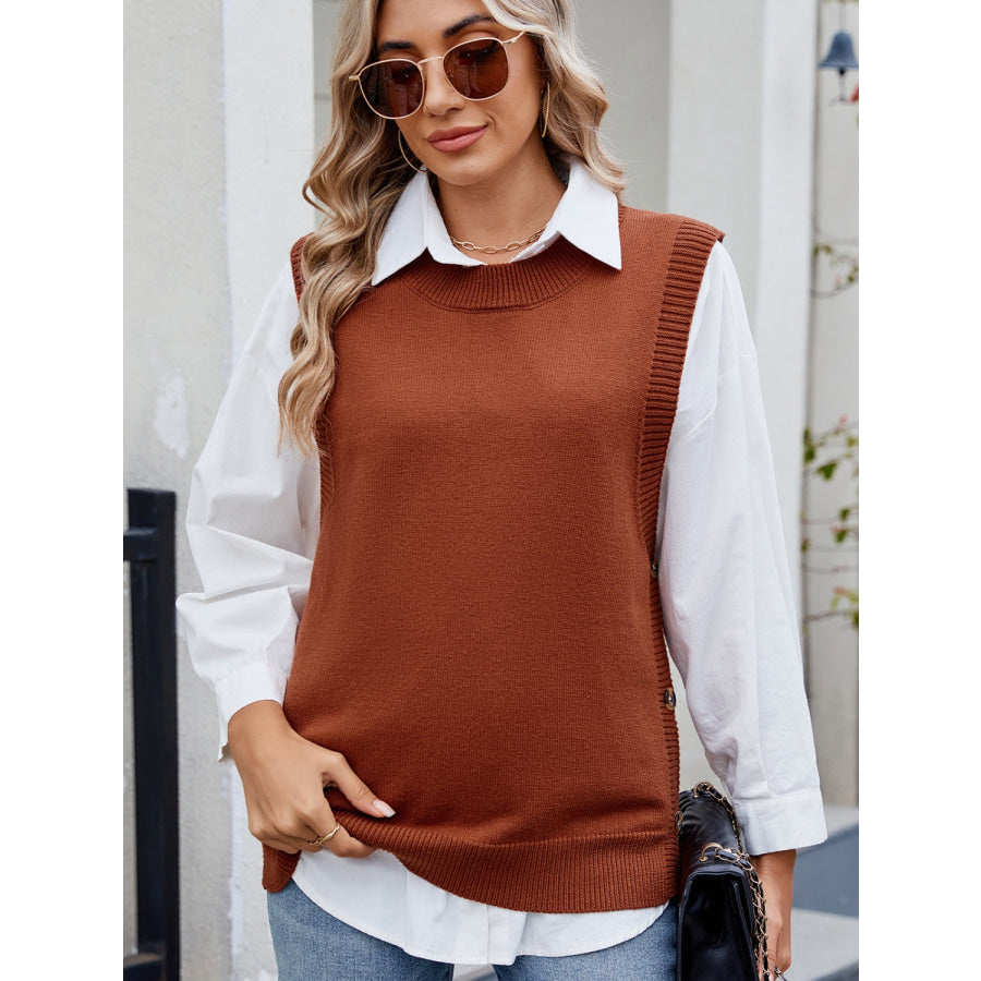 Buttoned Round Neck Sweater Vest Apparel and Accessories