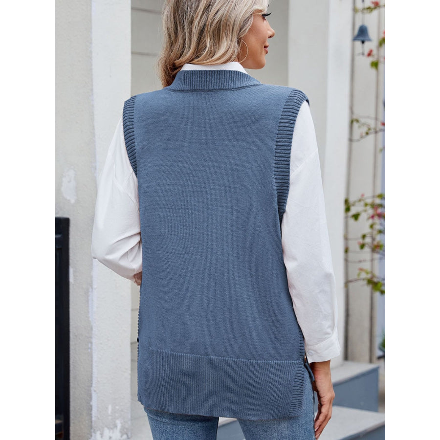 Buttoned Round Neck Sweater Vest Apparel and Accessories