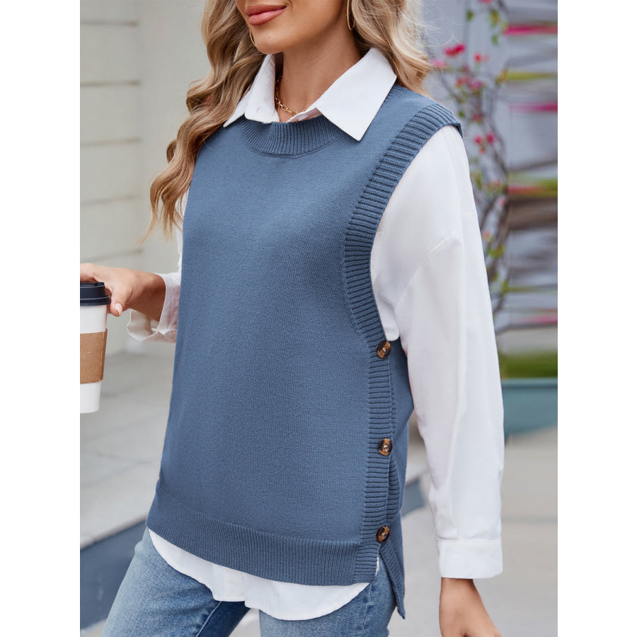 Buttoned Round Neck Sweater Vest Apparel and Accessories