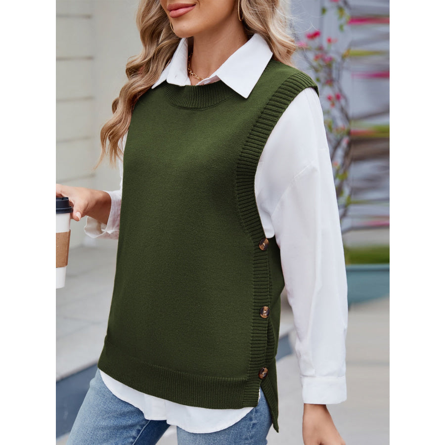 Buttoned Round Neck Sweater Vest Army Green / S Apparel and Accessories