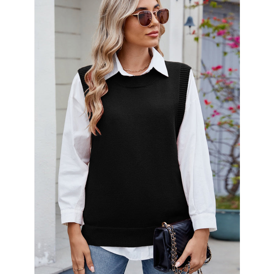 Buttoned Round Neck Sweater Vest Black / S Apparel and Accessories