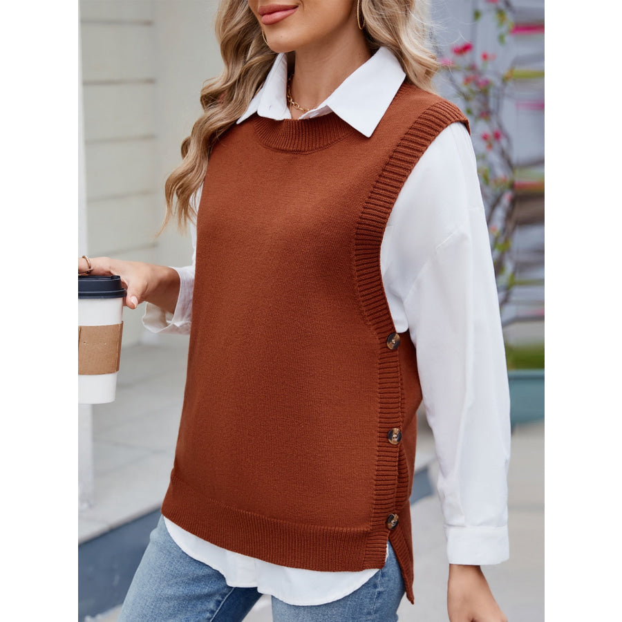 Buttoned Round Neck Sweater Vest Brown / S Apparel and Accessories