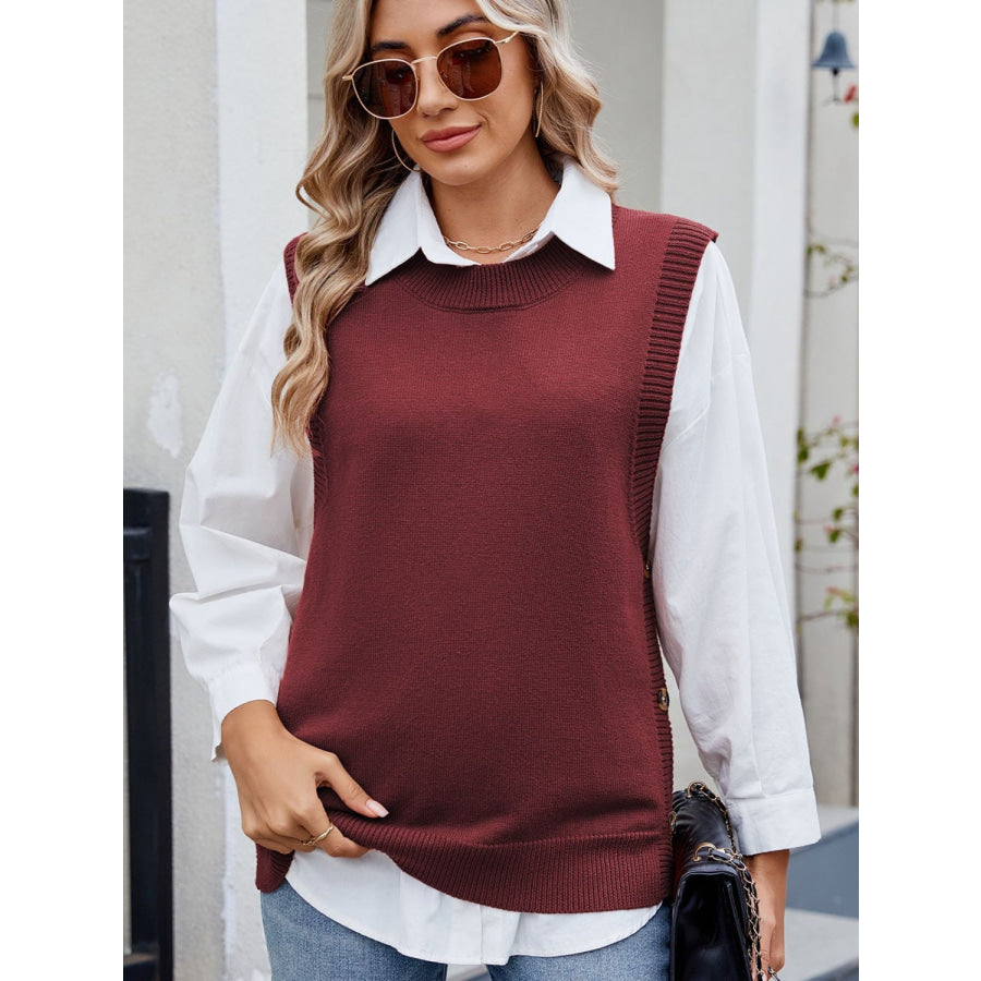 Buttoned Round Neck Sweater Vest Burgundy / S Apparel and Accessories