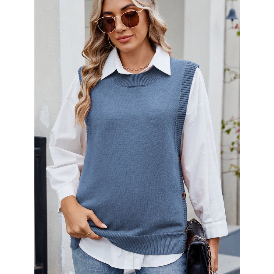 Buttoned Round Neck Sweater Vest Dusty Blue / S Apparel and Accessories