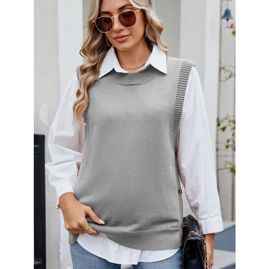 Buttoned Round Neck Sweater Vest Gray / S Apparel and Accessories