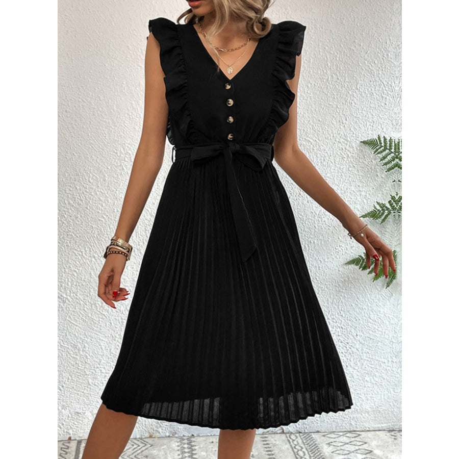 Buttoned Ruffle Trim Belted Pleated Dress Black / S