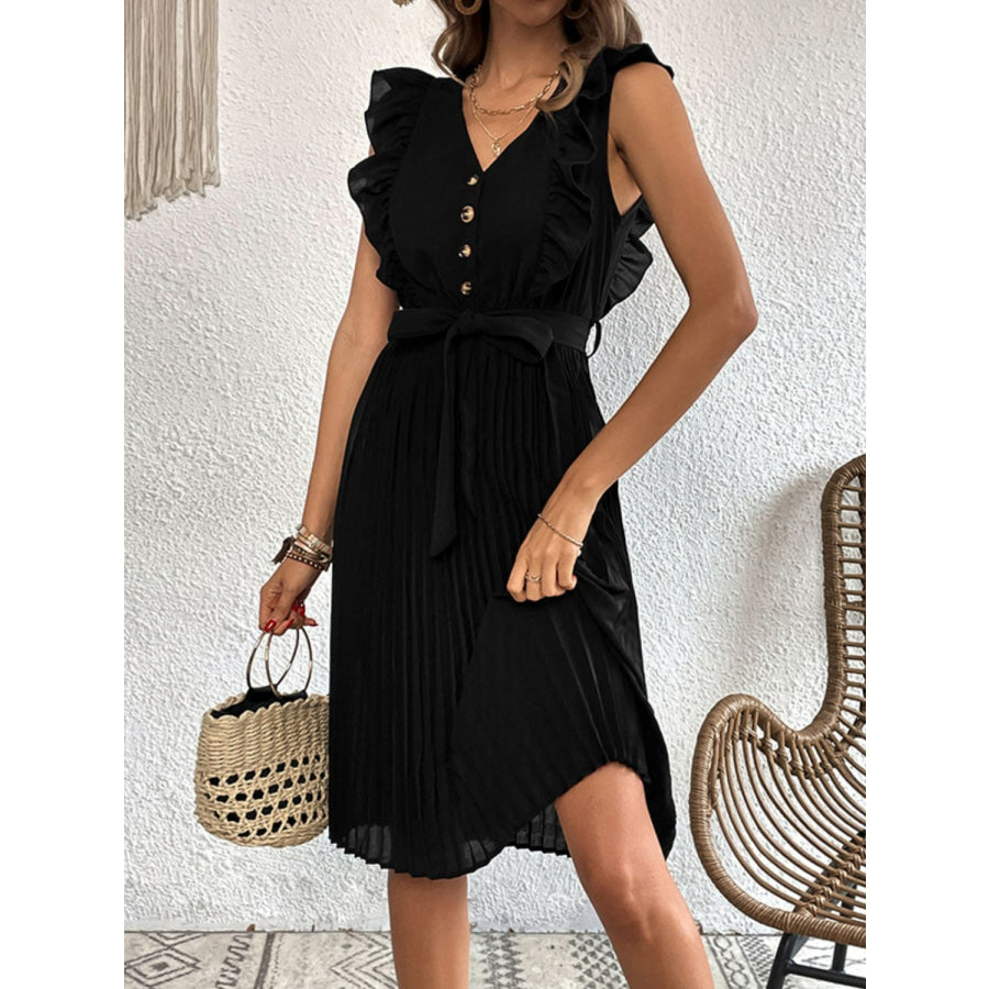 Buttoned Ruffle Trim Belted Pleated Dress