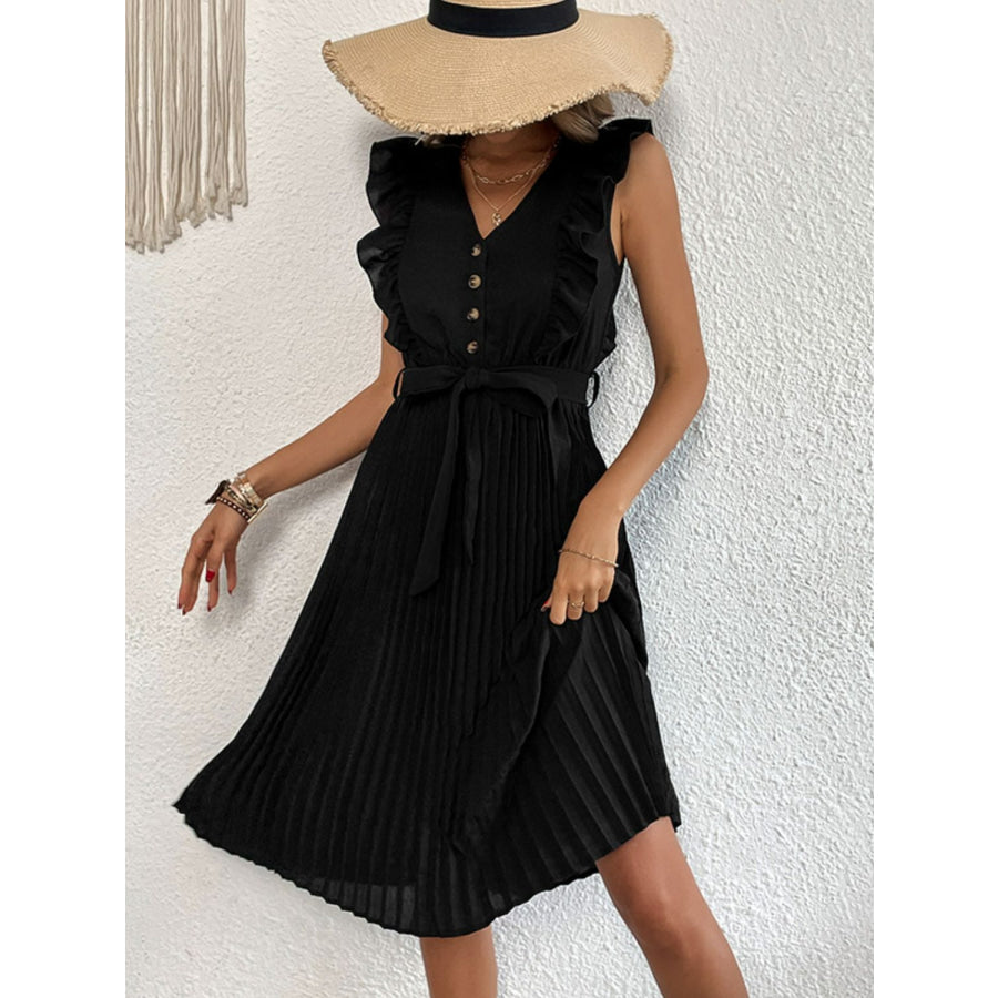 Buttoned Ruffle Trim Belted Pleated Dress