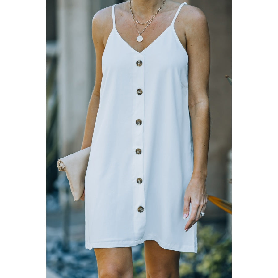 Buttoned Spaghetti Strap Dress White / S