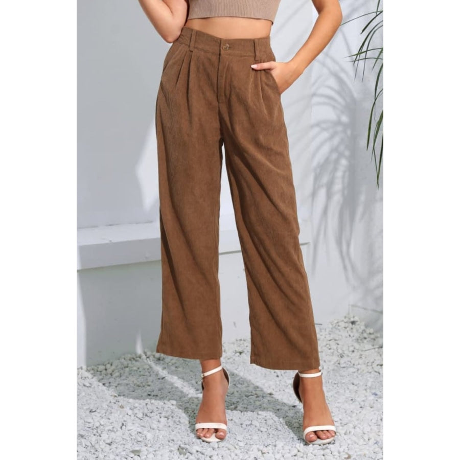 Buttoned Straight Hem Long Pants Coffee Brown / S