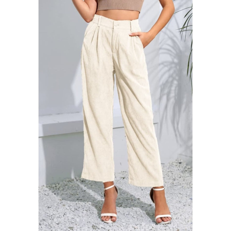 Buttoned Straight Hem Long Pants Ivory / S