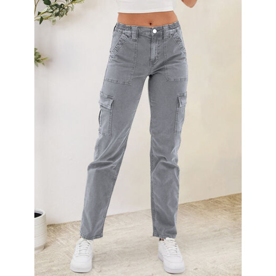 Buttoned Straight Jeans with Cargo Pockets Charcoal / S Clothing