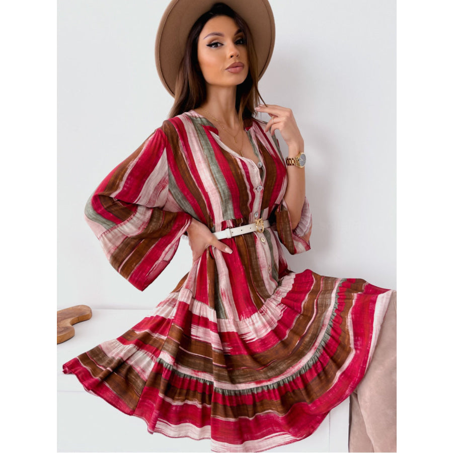 Buttoned Striped Long Sleeve Mini Dress Apparel and Accessories