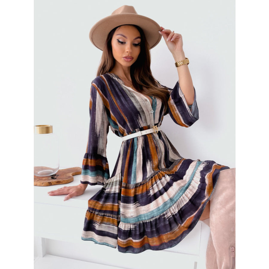 Buttoned Striped Long Sleeve Mini Dress Apparel and Accessories