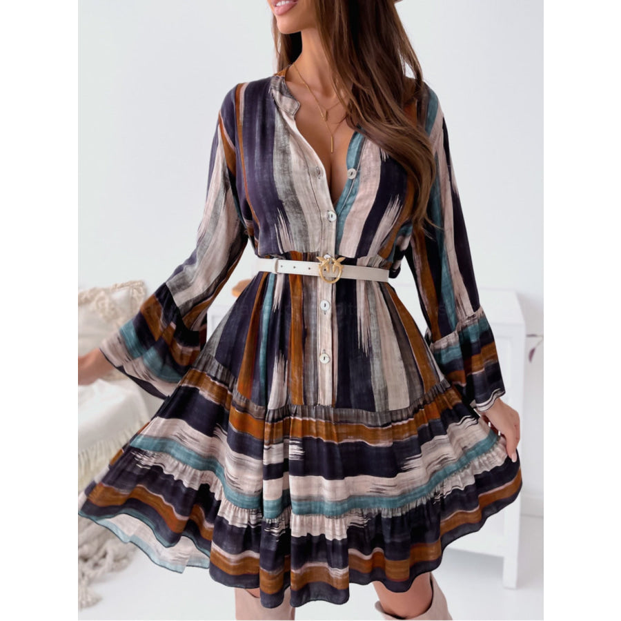 Buttoned Striped Long Sleeve Mini Dress Caramel / S Apparel and Accessories