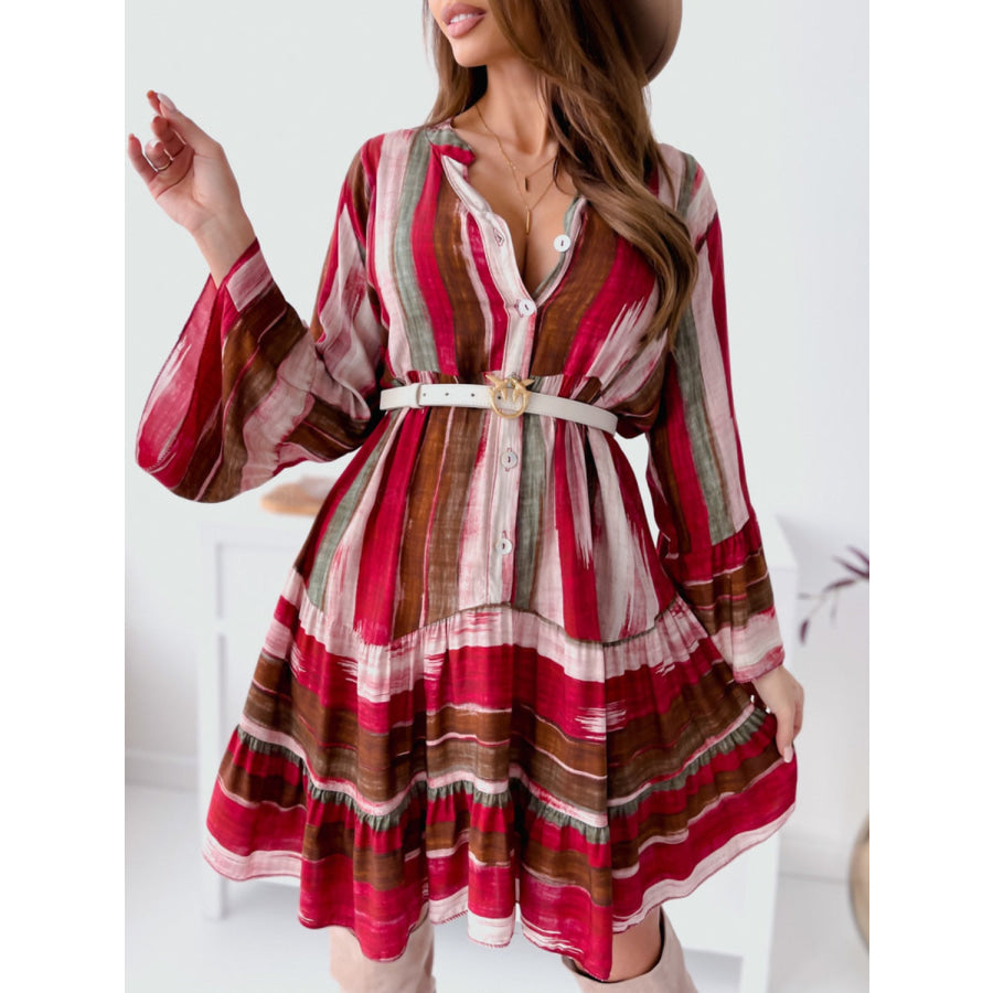 Buttoned Striped Long Sleeve Mini Dress Deep Rose / S Apparel and Accessories