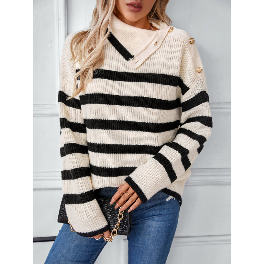 Buttoned Striped Long Sleeve Sweater Apparel and Accessories