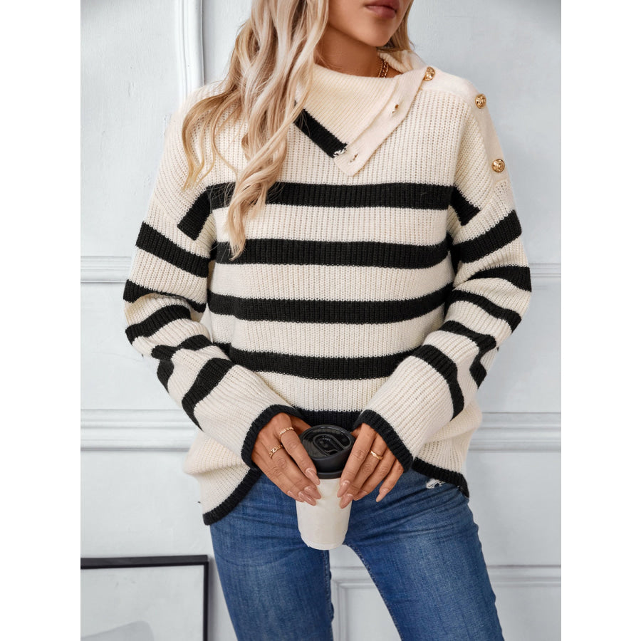 Buttoned Striped Long Sleeve Sweater Apparel and Accessories