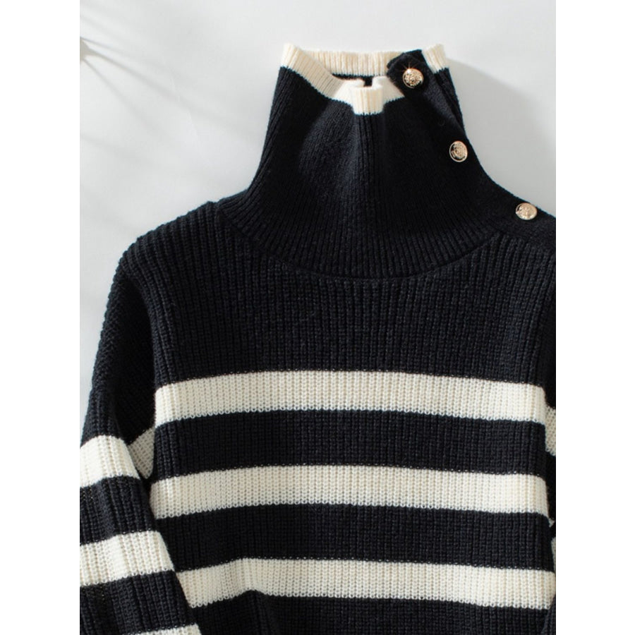 Buttoned Striped Long Sleeve Sweater Apparel and Accessories