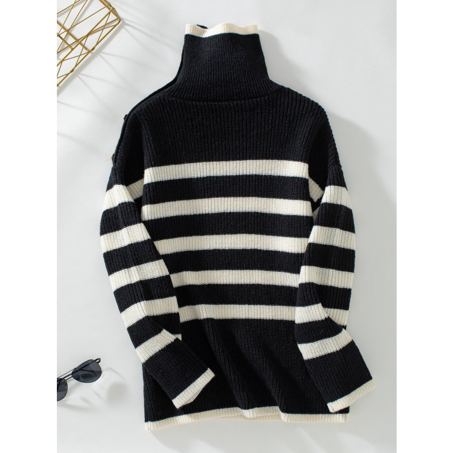 Buttoned Striped Long Sleeve Sweater Apparel and Accessories