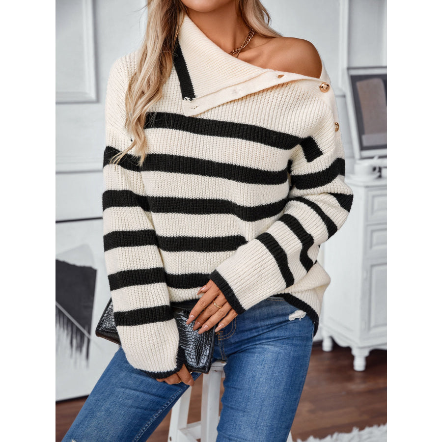 Buttoned Striped Long Sleeve Sweater Apparel and Accessories