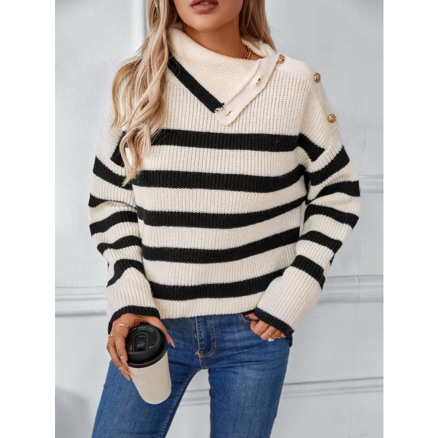 Buttoned Striped Long Sleeve Sweater Apparel and Accessories