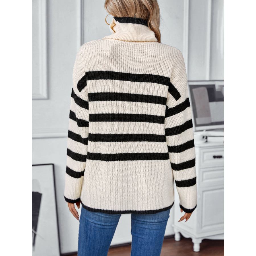 Buttoned Striped Long Sleeve Sweater Apparel and Accessories