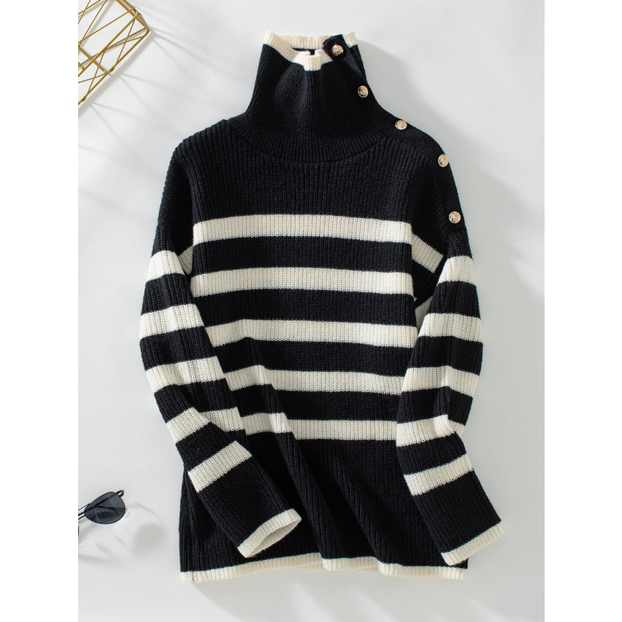 Buttoned Striped Long Sleeve Sweater Black / S Apparel and Accessories