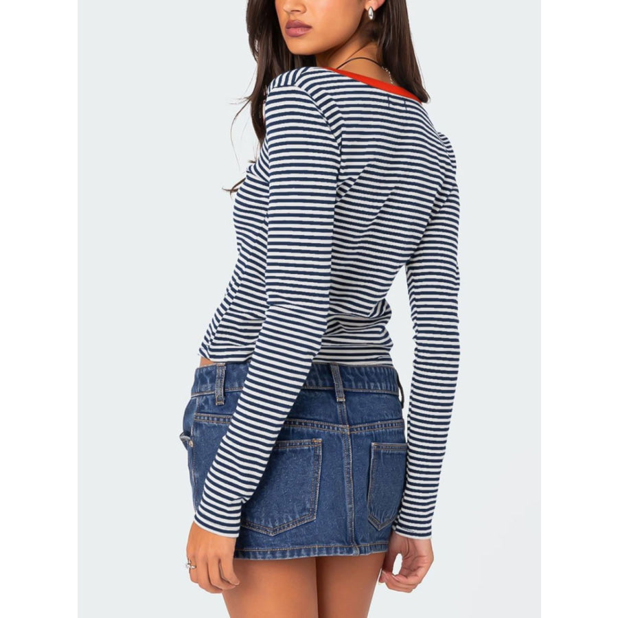 Buttoned Striped Long Sleeve T-Shirt Apparel and Accessories