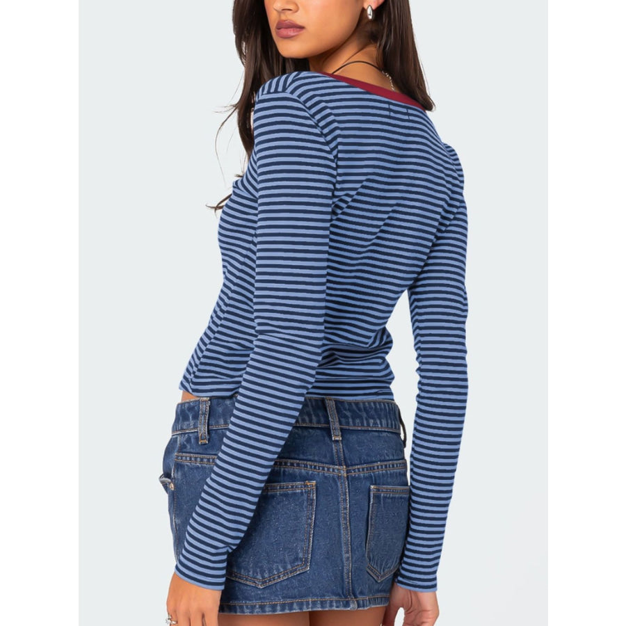 Buttoned Striped Long Sleeve T-Shirt Apparel and Accessories