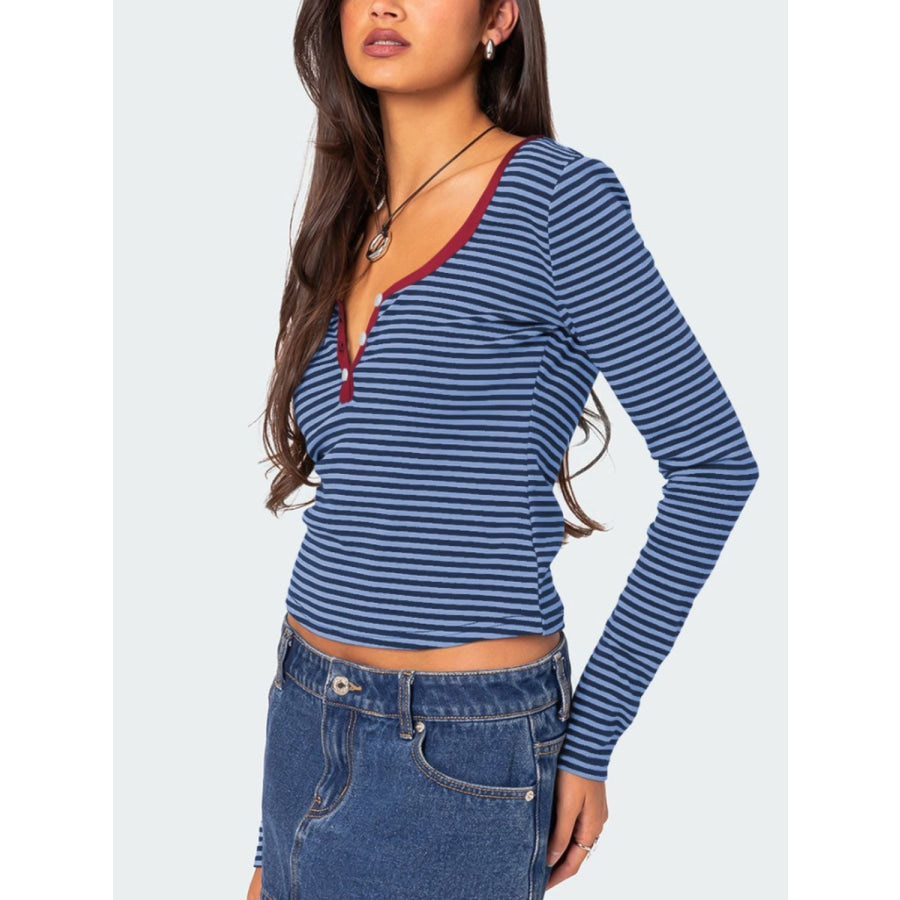 Buttoned Striped Long Sleeve T-Shirt Apparel and Accessories