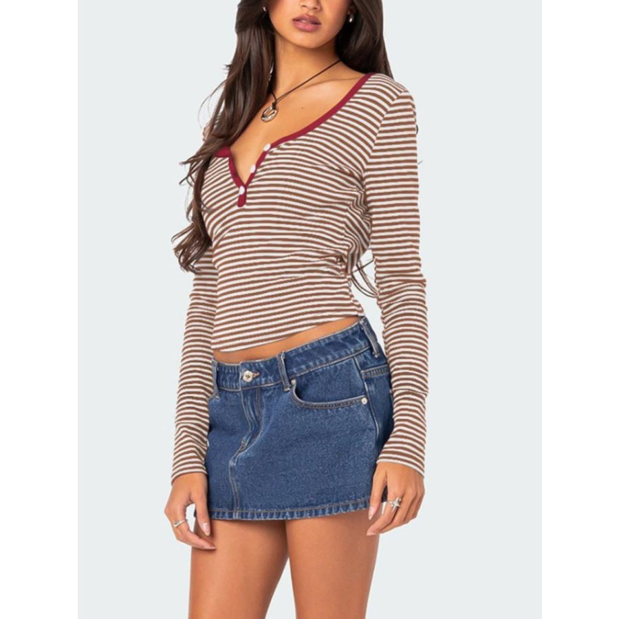 Buttoned Striped Long Sleeve T-Shirt Apparel and Accessories