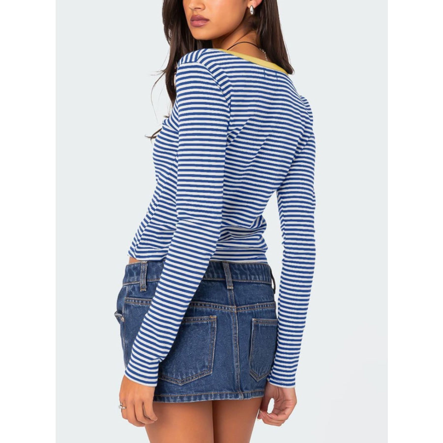 Buttoned Striped Long Sleeve T-Shirt Apparel and Accessories