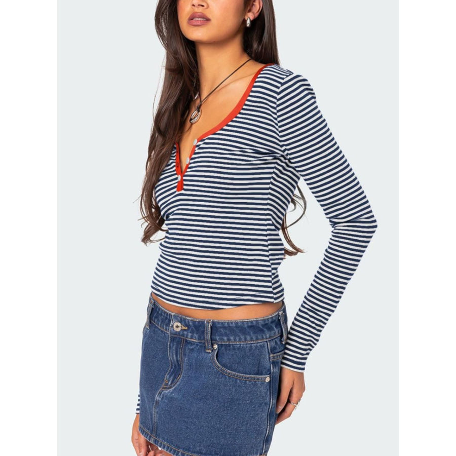 Buttoned Striped Long Sleeve T-Shirt Apparel and Accessories