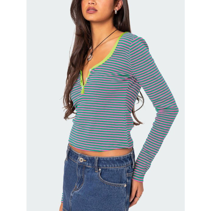 Buttoned Striped Long Sleeve T-Shirt Apparel and Accessories