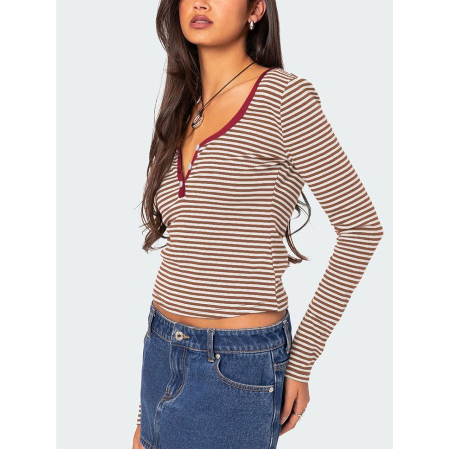 Buttoned Striped Long Sleeve T-Shirt Apparel and Accessories