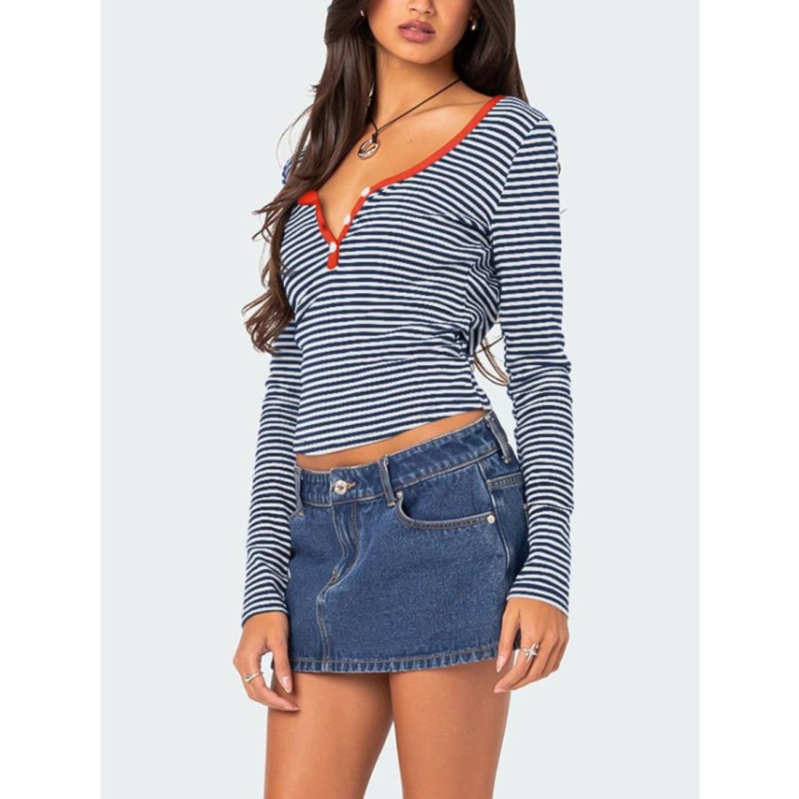 Buttoned Striped Long Sleeve T-Shirt Apparel and Accessories