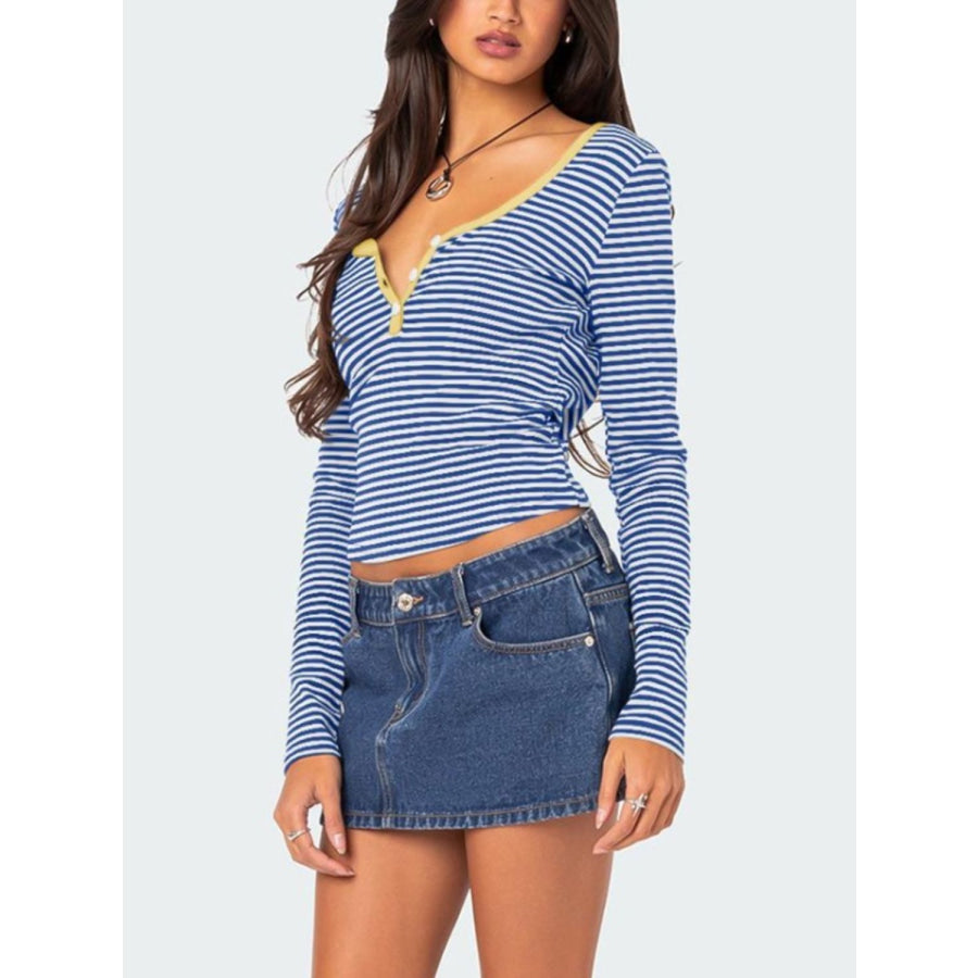 Buttoned Striped Long Sleeve T-Shirt Apparel and Accessories