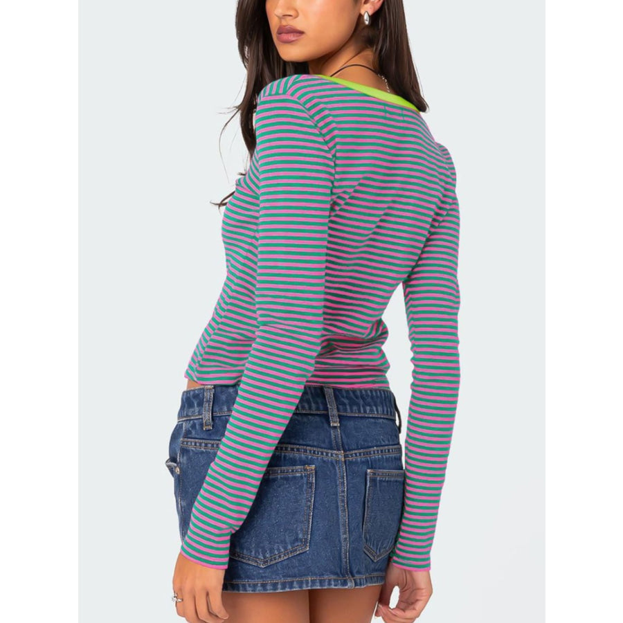 Buttoned Striped Long Sleeve T-Shirt Apparel and Accessories