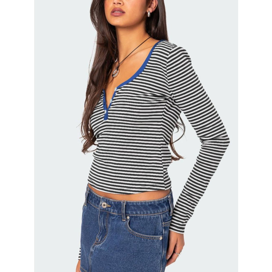 Buttoned Striped Long Sleeve T-Shirt Apparel and Accessories