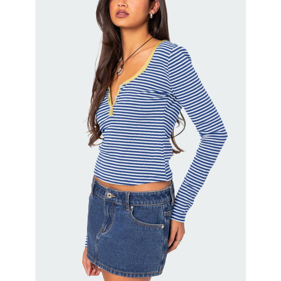 Buttoned Striped Long Sleeve T-Shirt Apparel and Accessories