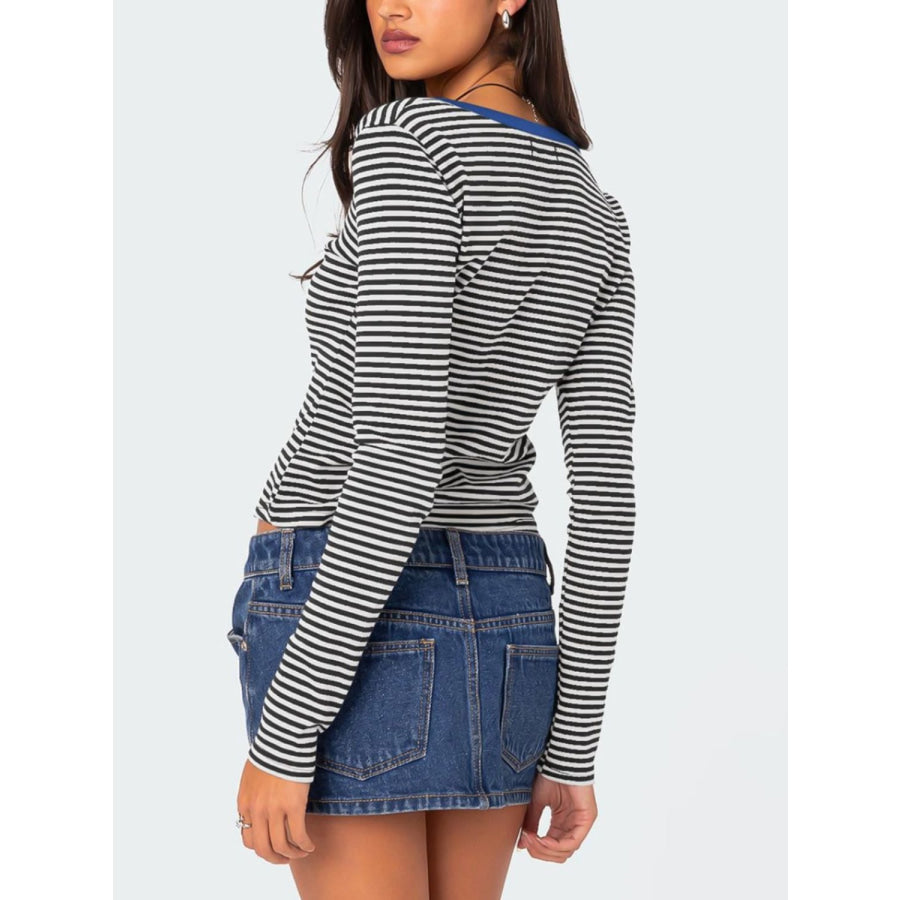 Buttoned Striped Long Sleeve T-Shirt Apparel and Accessories