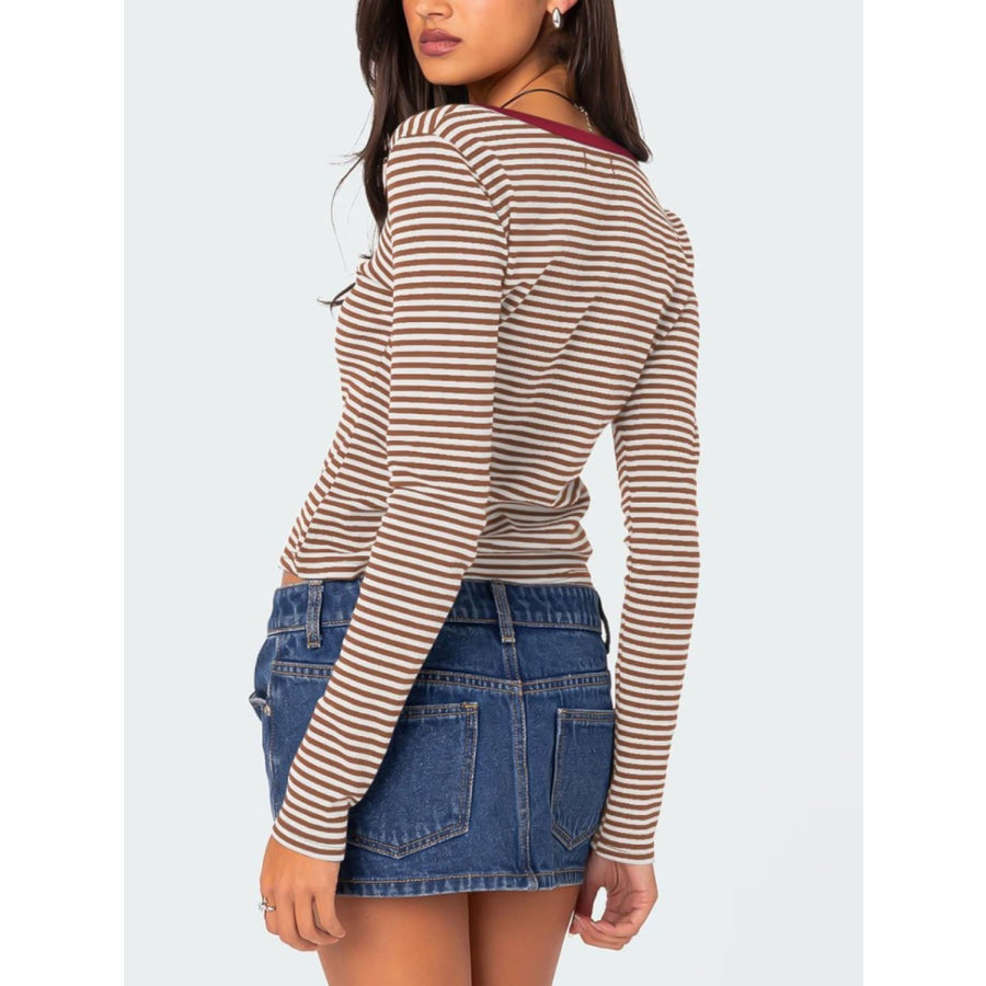 Buttoned Striped Long Sleeve T-Shirt Apparel and Accessories