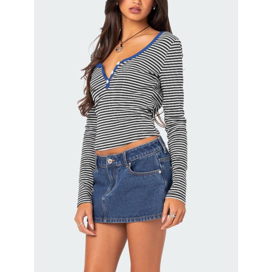 Buttoned Striped Long Sleeve T-Shirt Apparel and Accessories