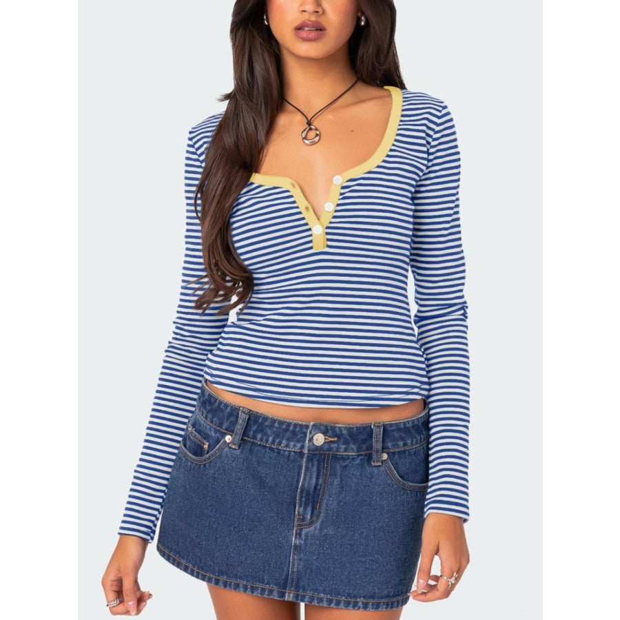 Buttoned Striped Long Sleeve T-Shirt Blue / S Apparel and Accessories